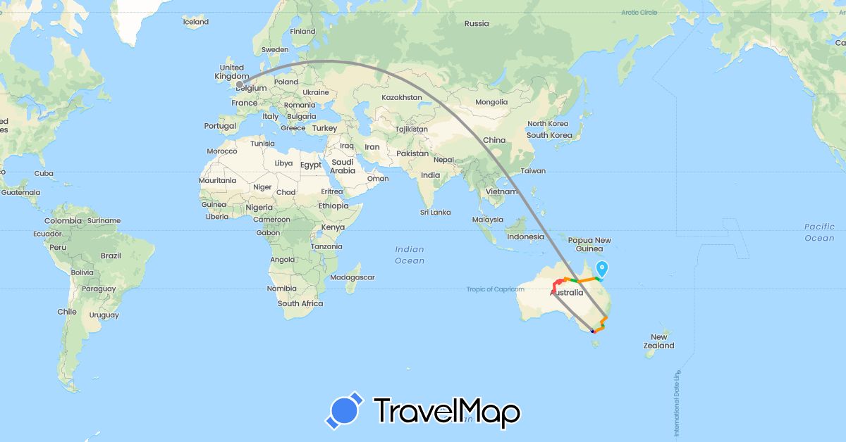 TravelMap itinerary: driving, bus, plane, hiking, boat, hitchhiking in Australia, United Kingdom (Europe, Oceania)